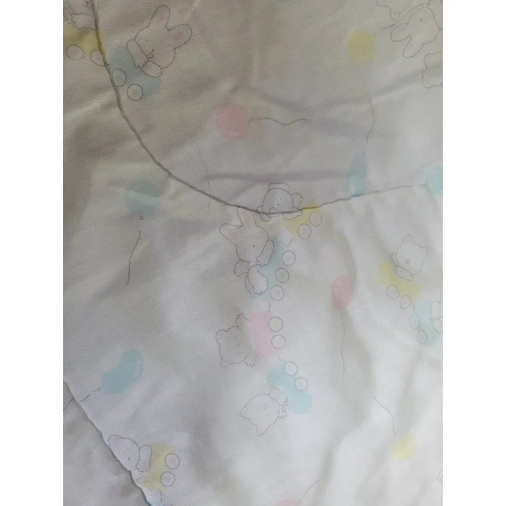 Vintage Gerber Baby Comforter Blanket Pastel Animals Train Blue White 41x33